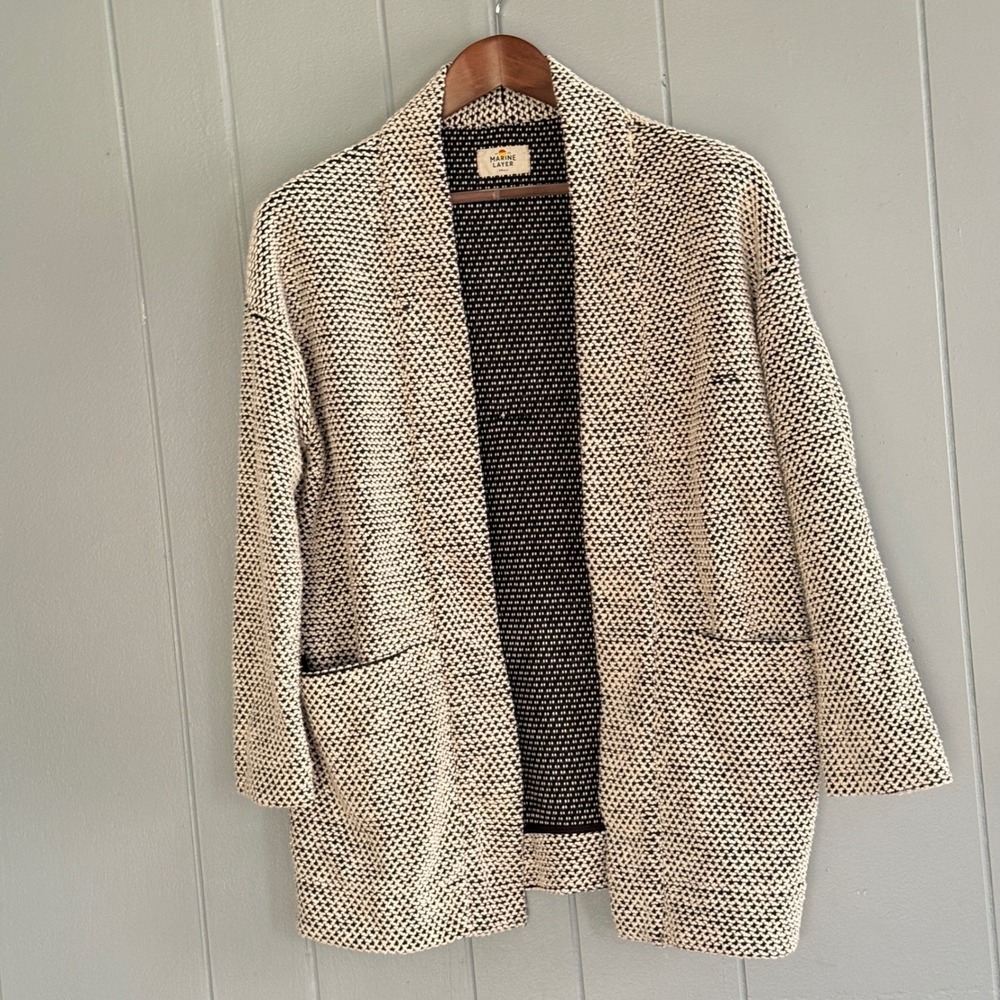 Marine‎ Layer Birdseye Cardigan Black White Open Front Knit Quiet Luxury S